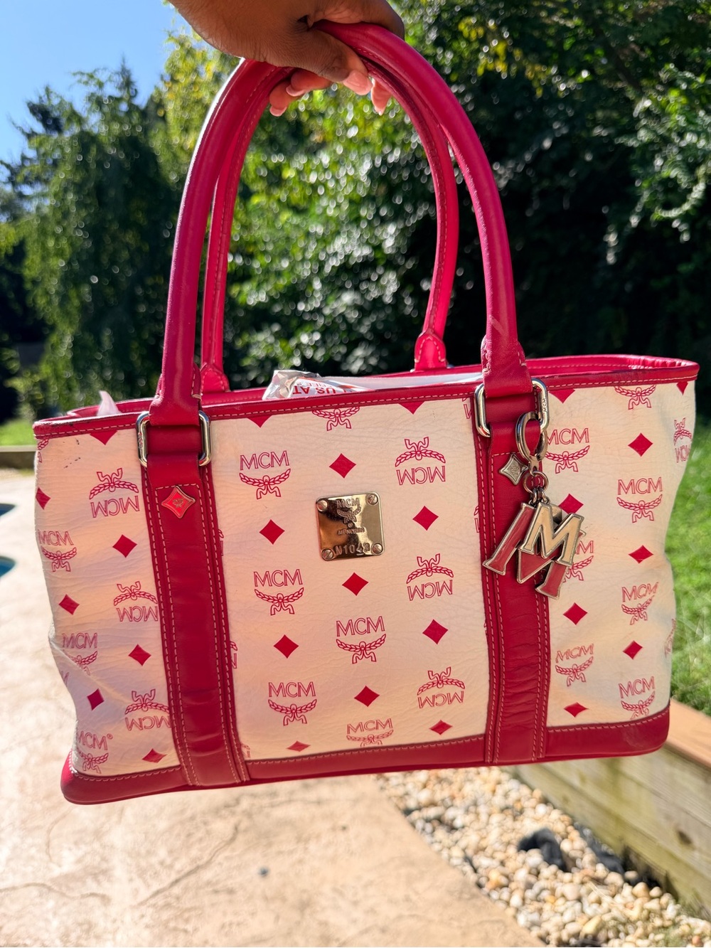 MCM White and Pink tote with charm